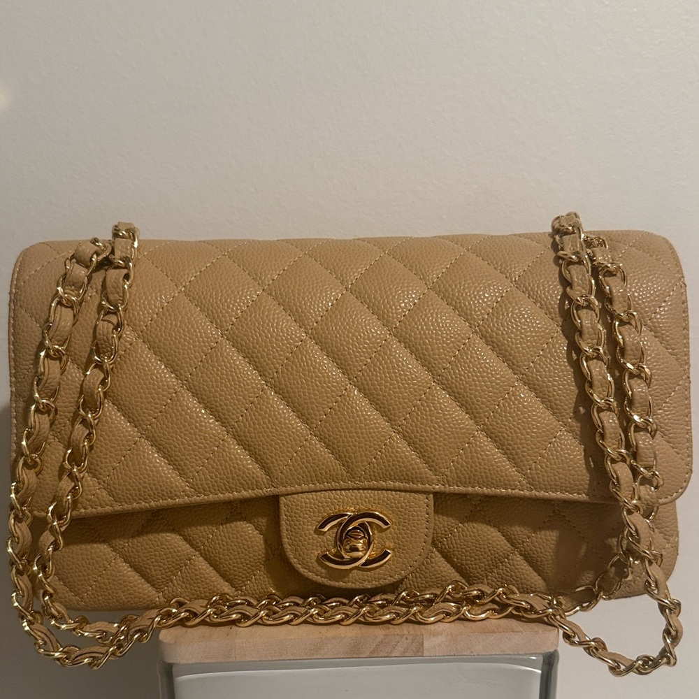 Chanel Beige Quilted Shoulder Bag with Gold Chain